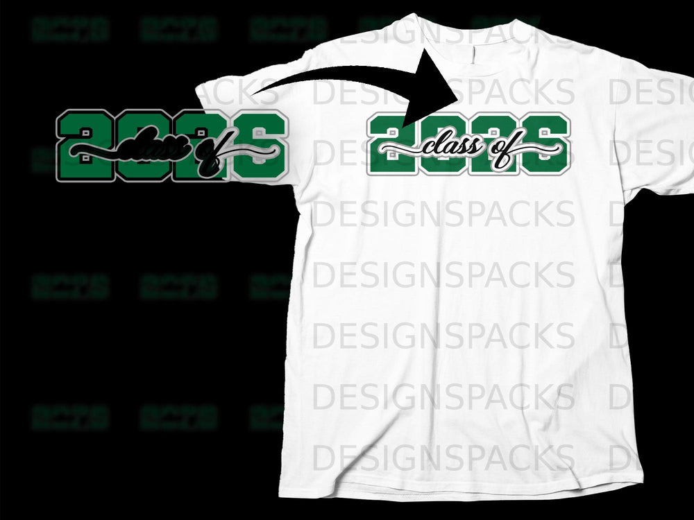 Green and white "Class of 2025" text graphic applied to a white t-shirt.
