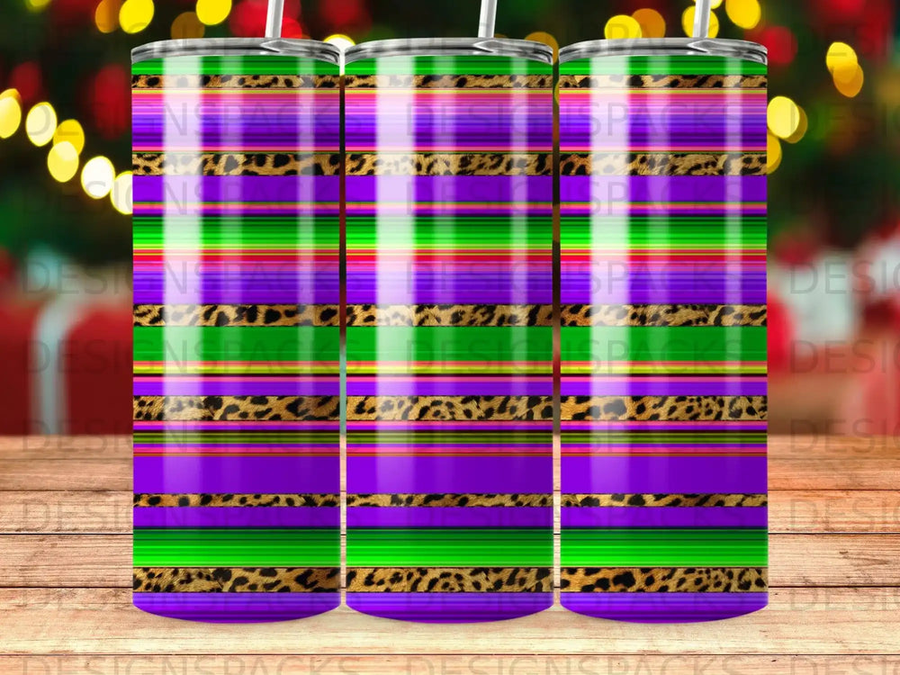 Purple, green, and yellow striped tumbler with leopard print accents.