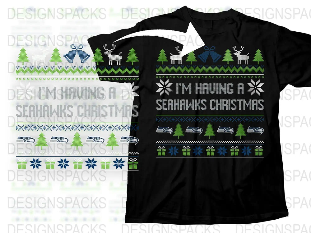 Seahawks Christmas T-Shirt, Festive Holiday Tee, Black Ugly Sweater Design, Football Fan Gift