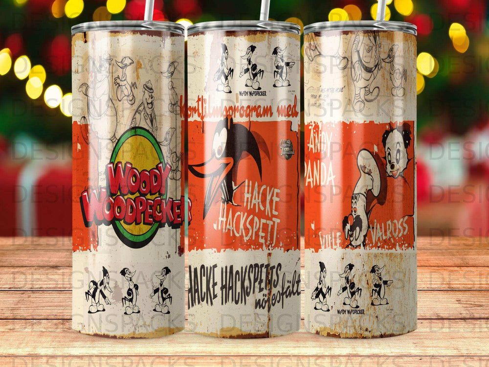 Woody Woodpecker and other cartoon characters on a patterned tumbler.
