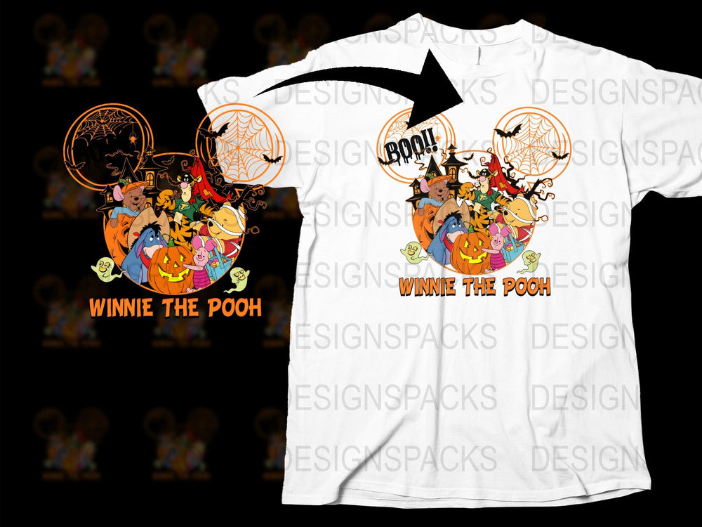 Winnie the Pooh Halloween T-Shirt, Unisex Graphic Tee, Spooky Cartoon Characters, Kids and Adult Sizes Available.
