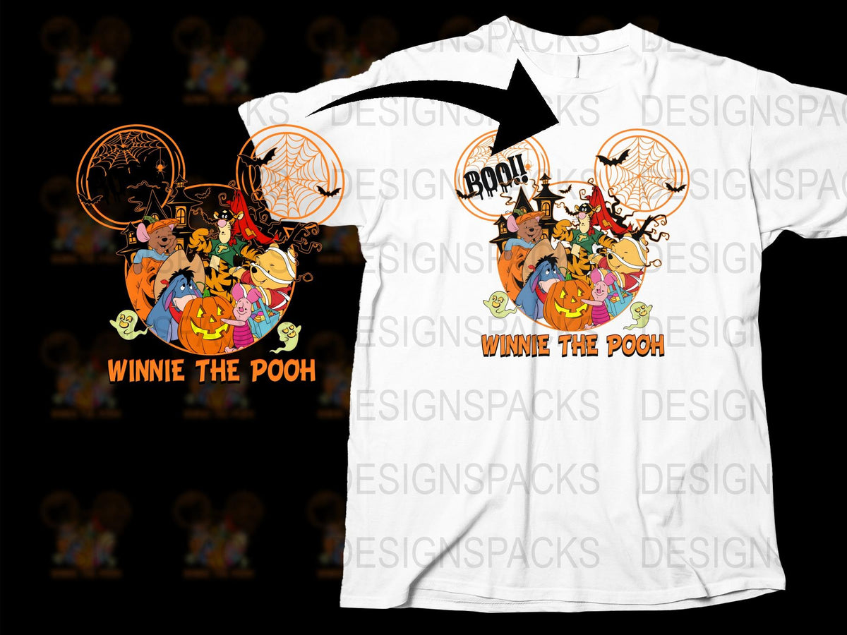 Winnie the Pooh Halloween T-Shirt, Unisex Graphic Tee, Spooky Cartoon Characters, Kids and Adult Sizes Available.