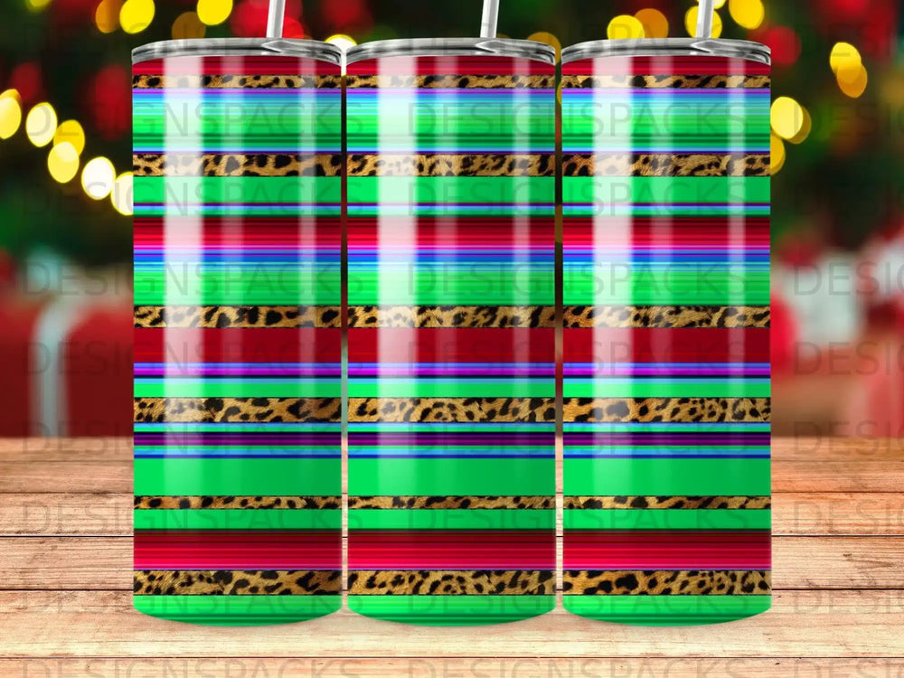 Striped tumbler with leopard print and red accents.