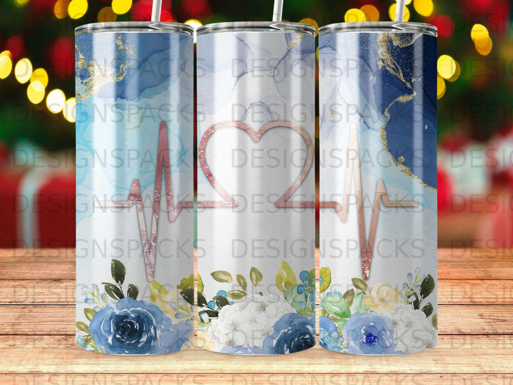 Three tumblers with a blue floral and marble design, featuring a heart pulse line.