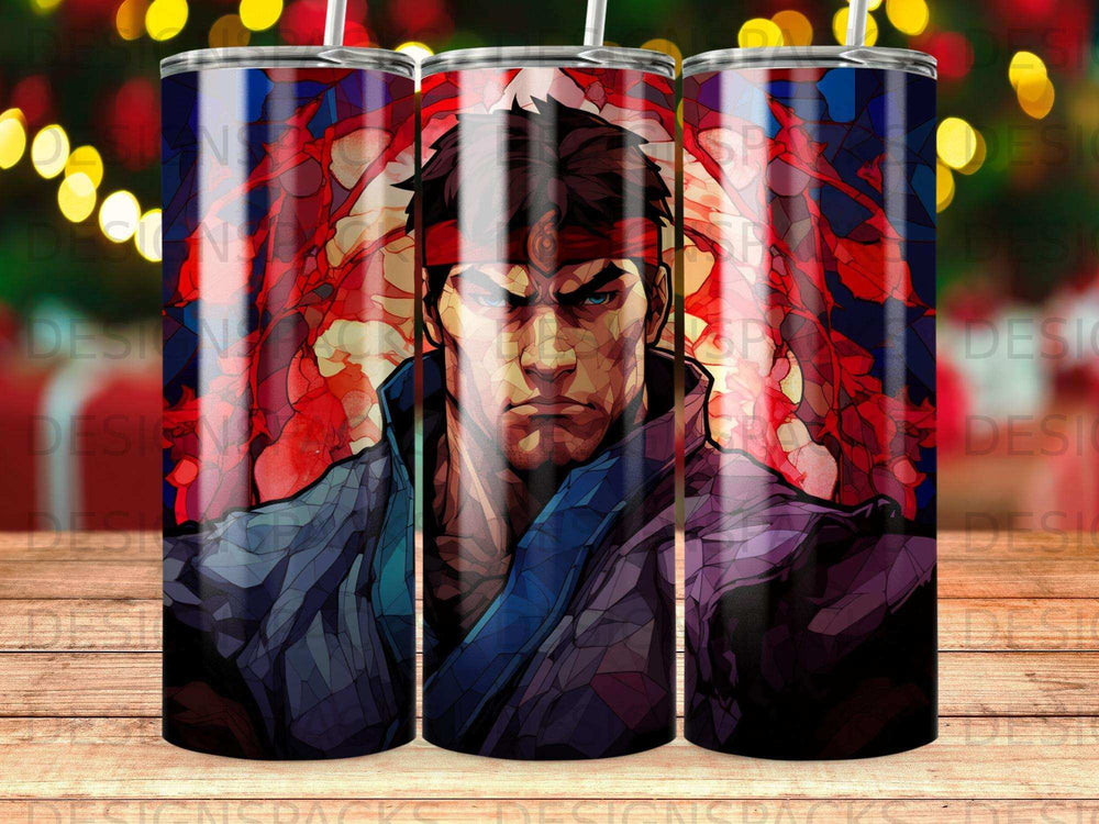 Street Fighter's Ryu in a stained-glass art style on a tumbler.