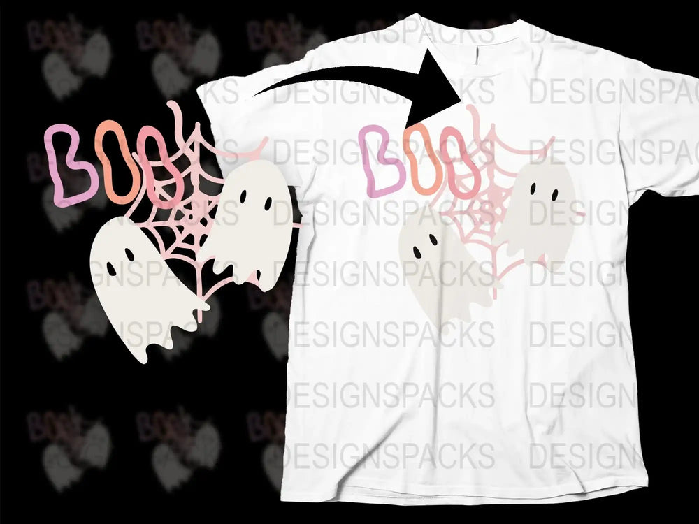 Spooky Ghost and Spider Web Graphic T-Shirt, Cute Halloween Tee, Unisex Casual Fit Shirt for All Ages