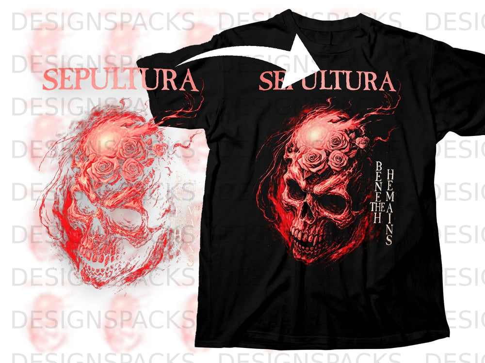 Black t-shirt with a red skull and roses graphic. Text reads "SEPULTURA" and "BENEATH THE CHAINS".