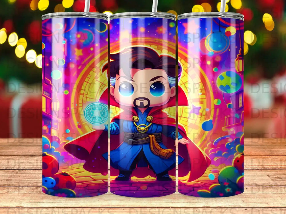 Chibi Doctor Strange with magic circle and colorful cosmic background.