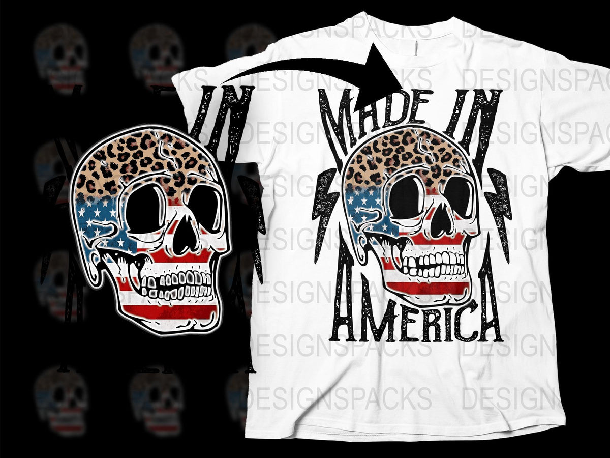 Made in America Skull T-Shirt with Leopard Print and Stars, Patriotic Graphic Tee
