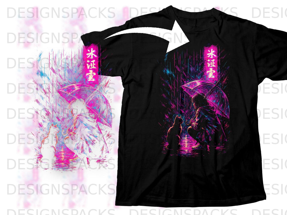Black t-shirt with a neon cyberpunk design of a person holding an umbrella with a cat.