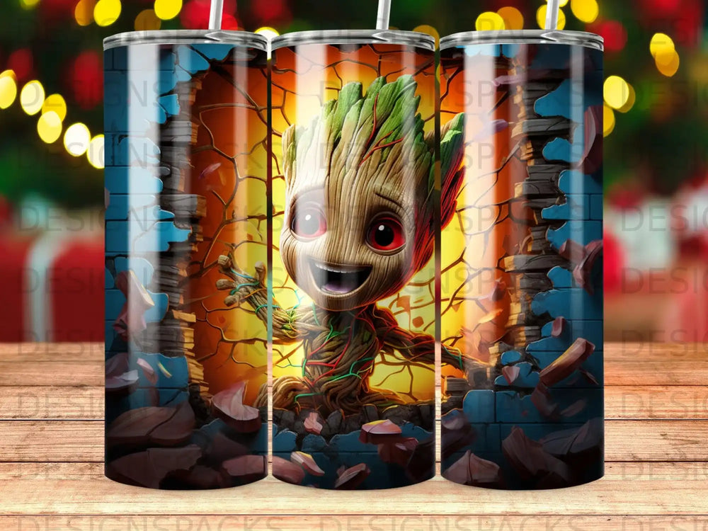 Baby Groot breaking through a cracked wall.