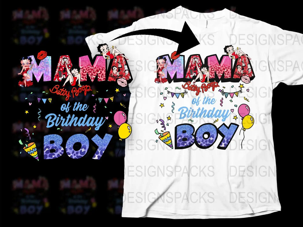 Mama of the Birthday Boy T-Shirt, Colorful Cartoon Graphics, Party Mom Tee, Fun Birthday Celebration Outfit for Women