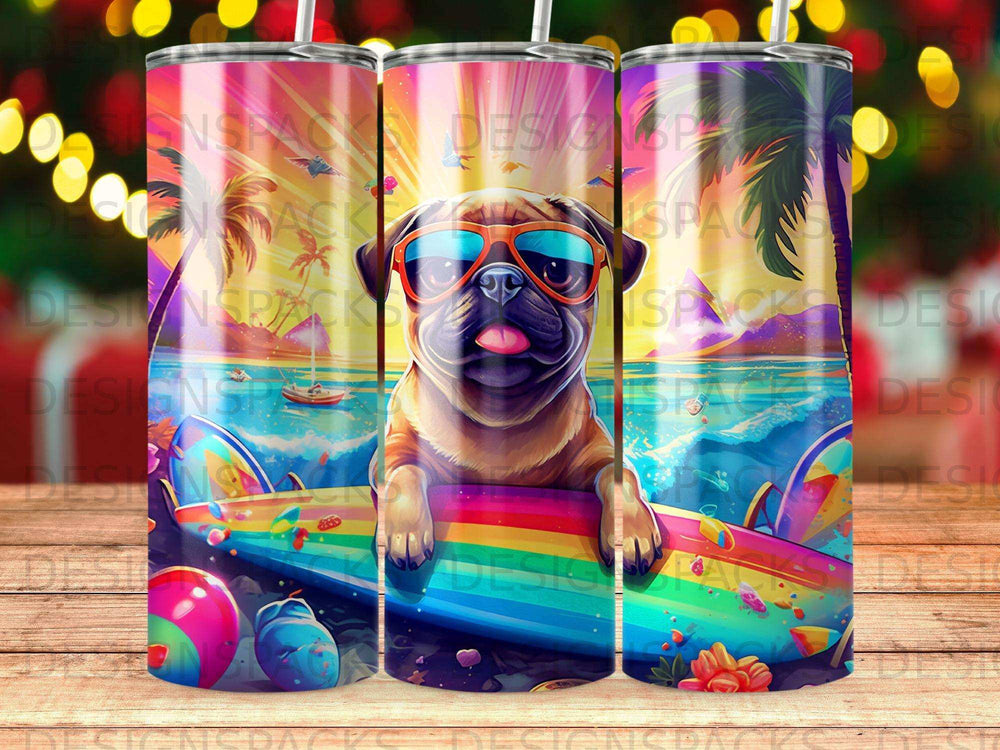 Pug wearing sunglasses on a rainbow surfboard at the beach.