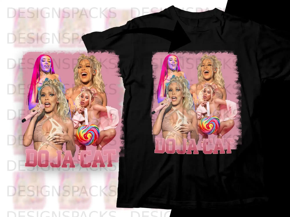 Doja Cat with lollipop graphic on black t-shirt.