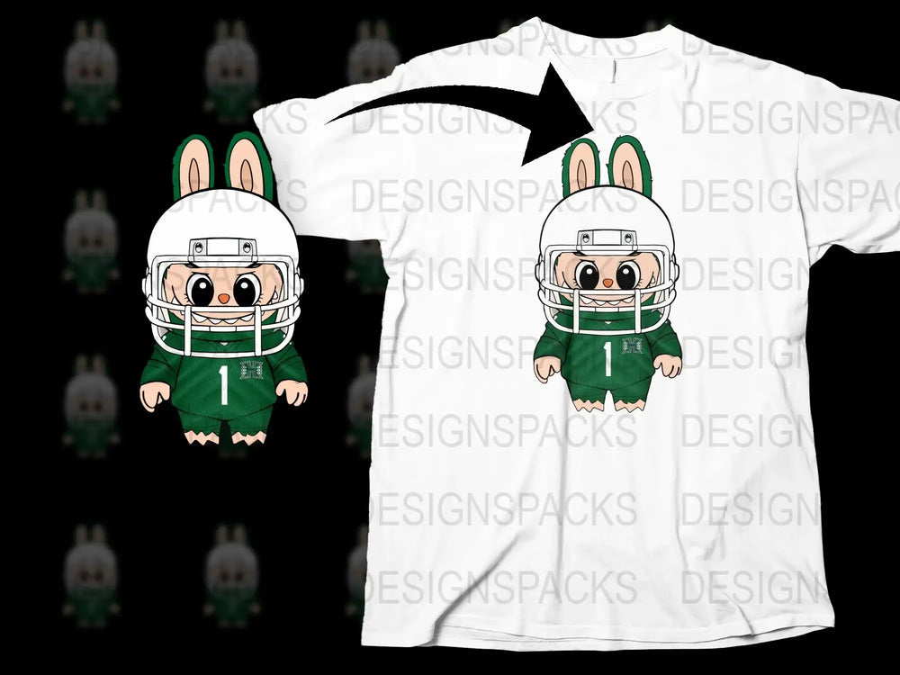 Cute Cartoon Football Player T-Shirt, Kids Sports Tee, Green Helmet Design, Youth Athletic Apparel