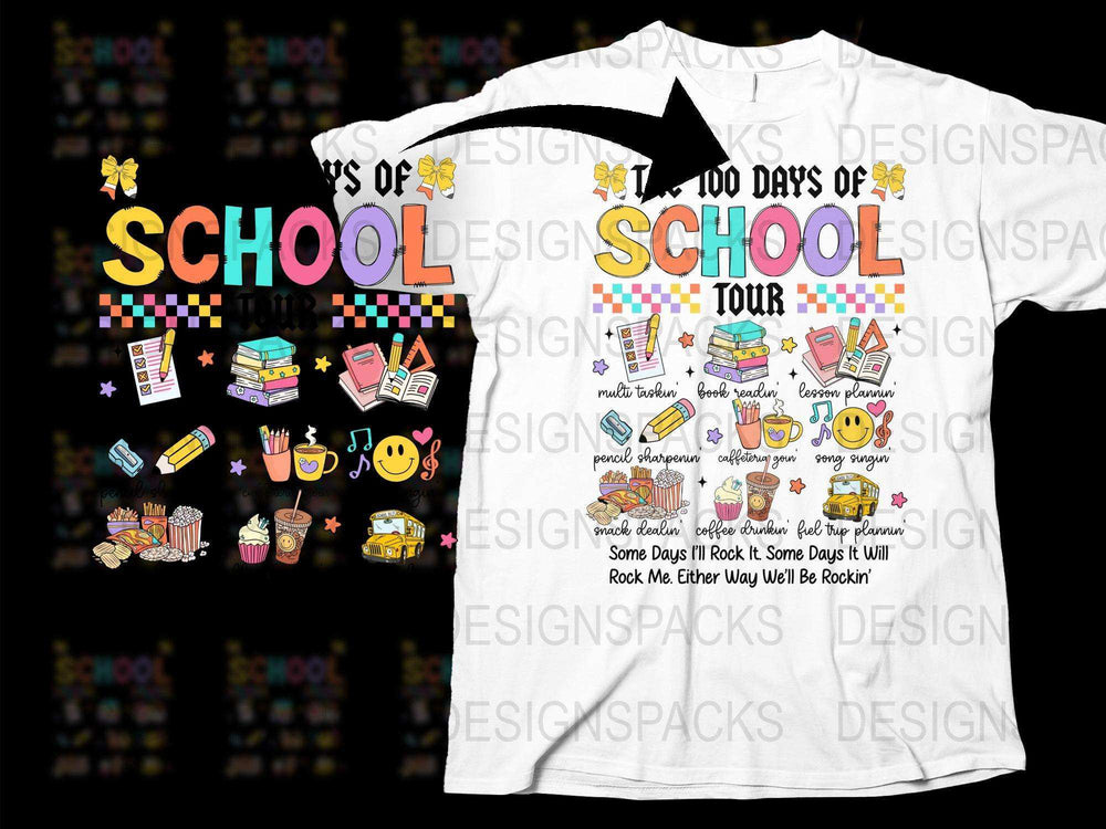100 Days of School Tour T-Shirt, Colorful Teacher Graphic Tee, Fun Student Celebration Shirt