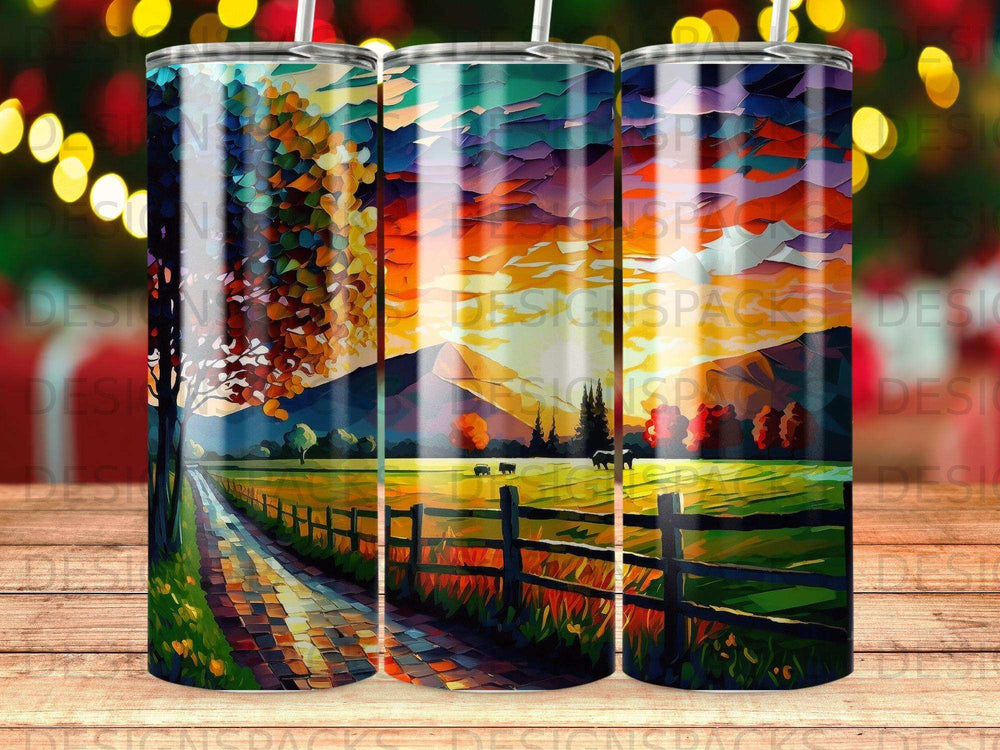 Colorful sunset landscape with trees, fence, and distant sheep.