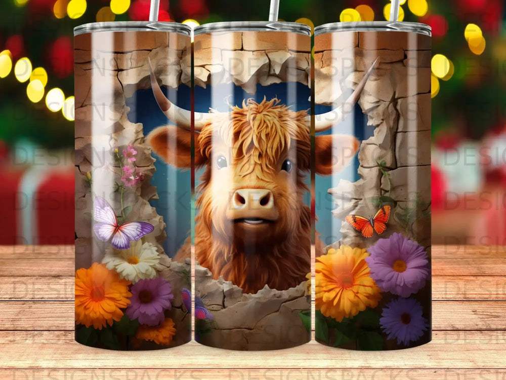 Highland cow breaking through a brick wall with colorful flowers.