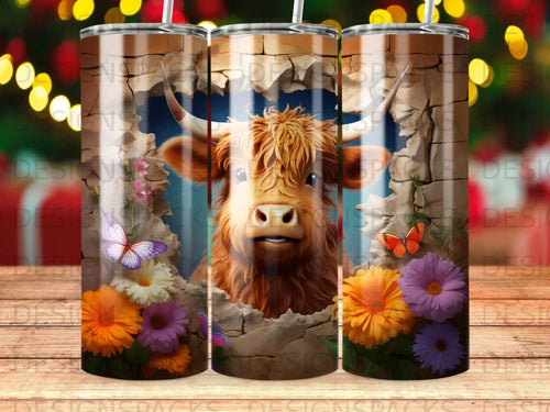 Highland cow breaking through a brick wall with colorful flowers.