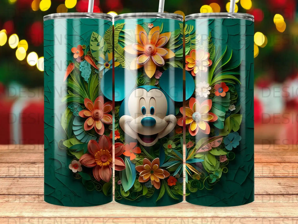 Mickey Mouse surrounded by colorful floral and leaf design.