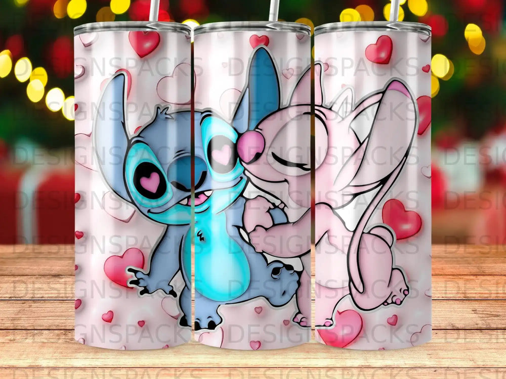 Stitch and Angel hugging with hearts on a pink and blue patterned tumbler.