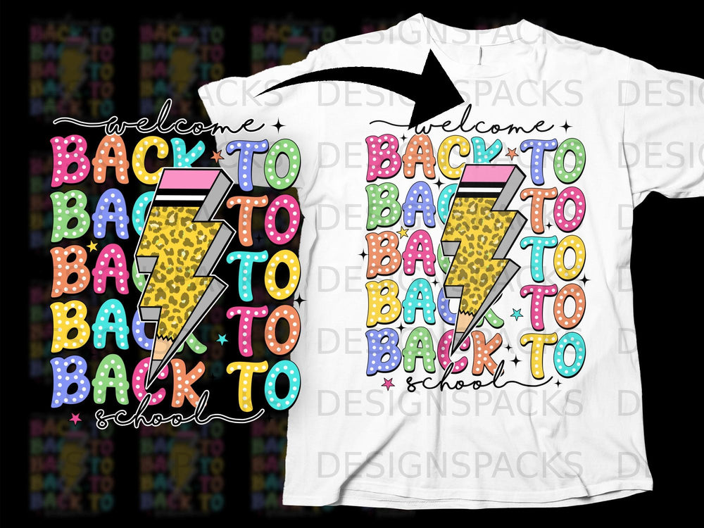 "Welcome back to school" text with a lightning bolt and pencil on a white t-shirt.