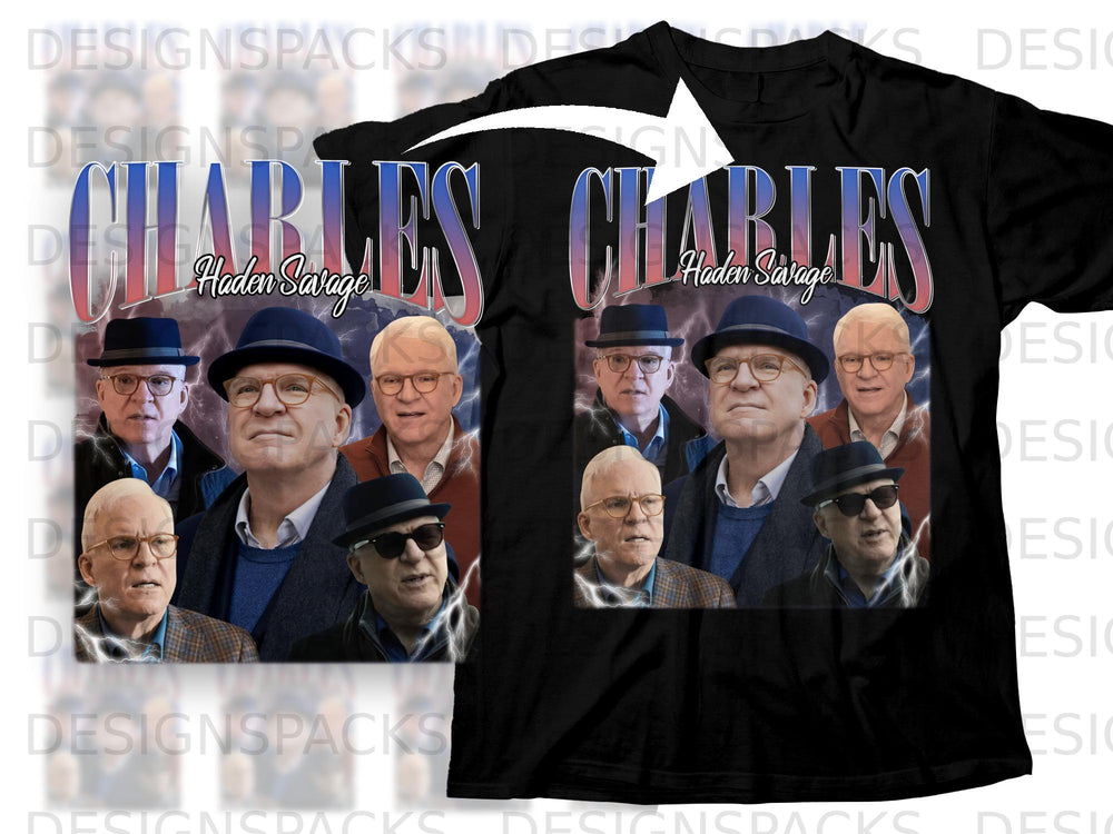 Black t-shirt with "CHARLES Haden Savage" and collage of actors.