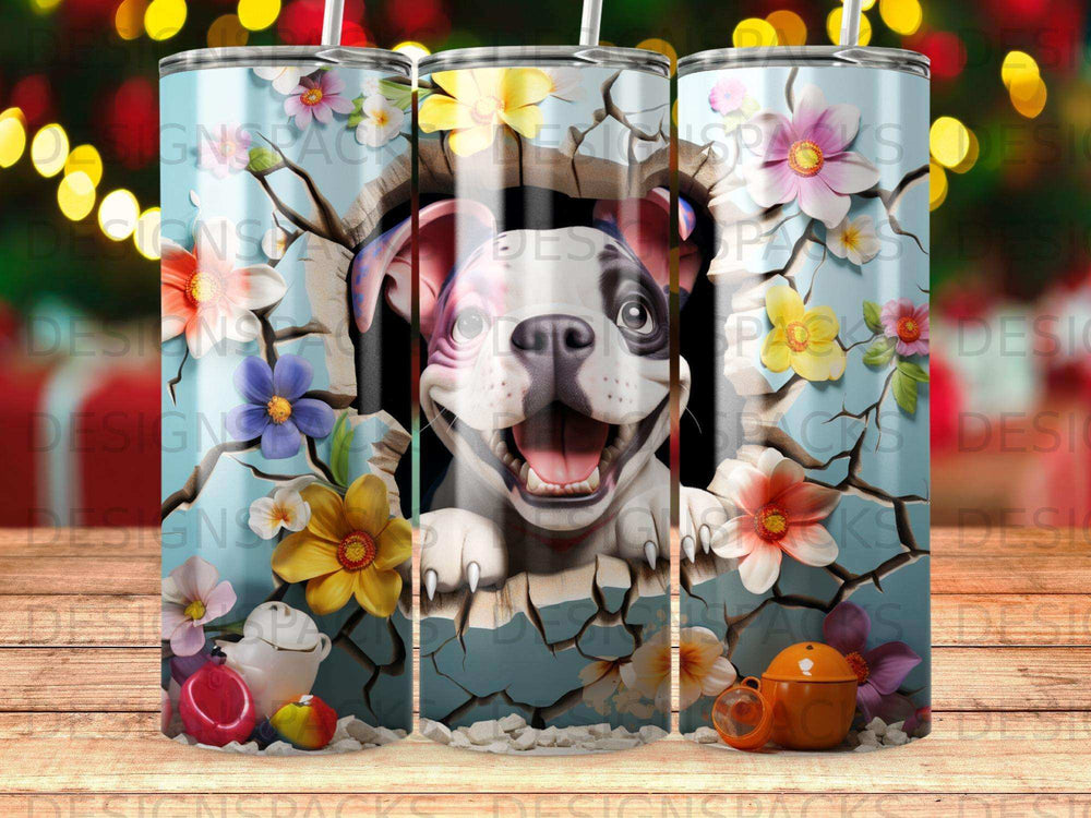 Happy French bulldog bursts through cracked blue wall with flowers.