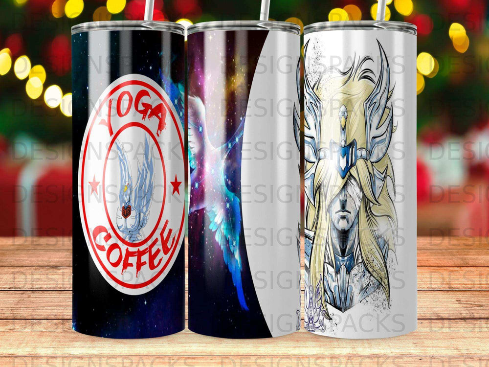 Tumbler with "Yoga Coffee" and fantasy warrior designs.