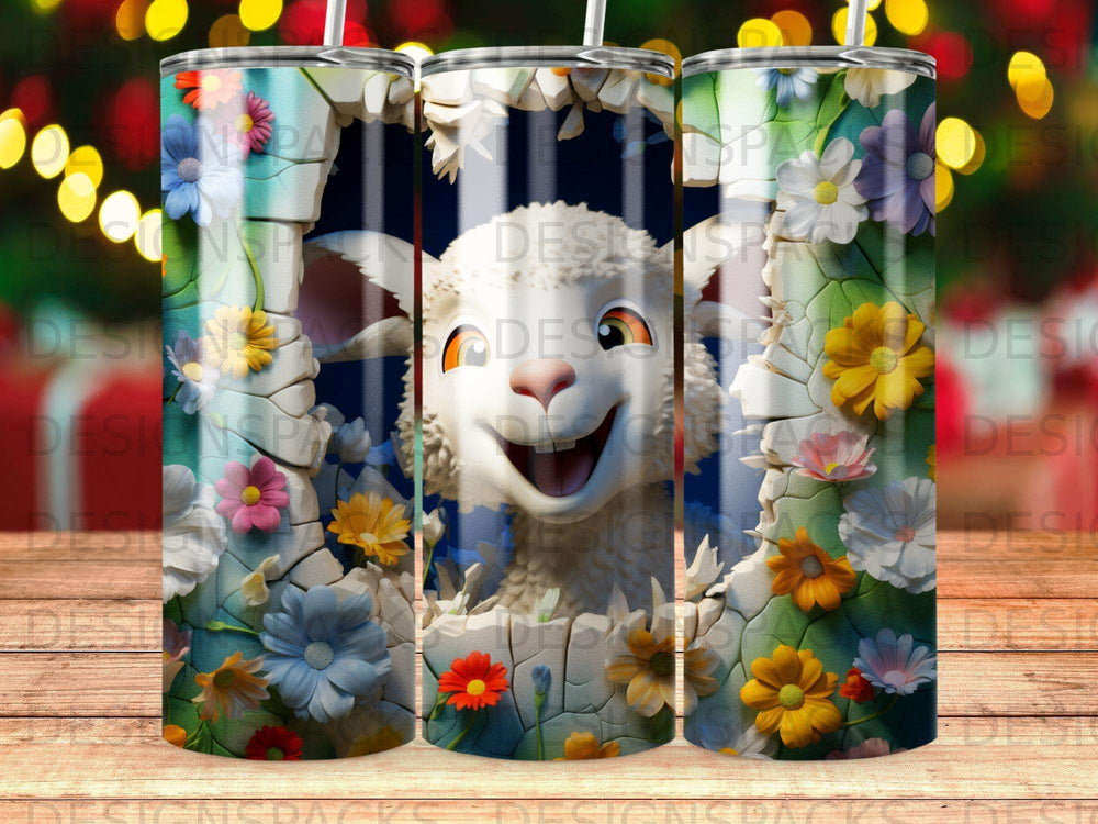 Smiling cartoon sheep with flowers peeking through a barred enclosure.