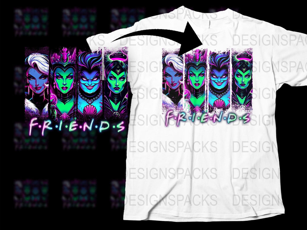 Colorful Villain Friends T-Shirt, Neon Graphic Tee, Women's Fashion, Unique Pop Culture Apparel
