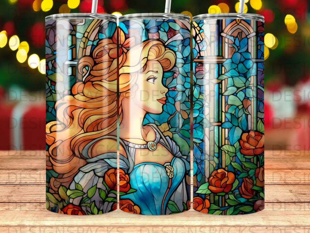 Stained glass design of a woman with flowing hair and roses, against a window.