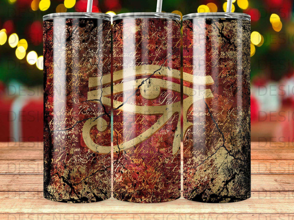Cracked tumbler with Egyptian Eye of Horus symbol on distressed parchment background.