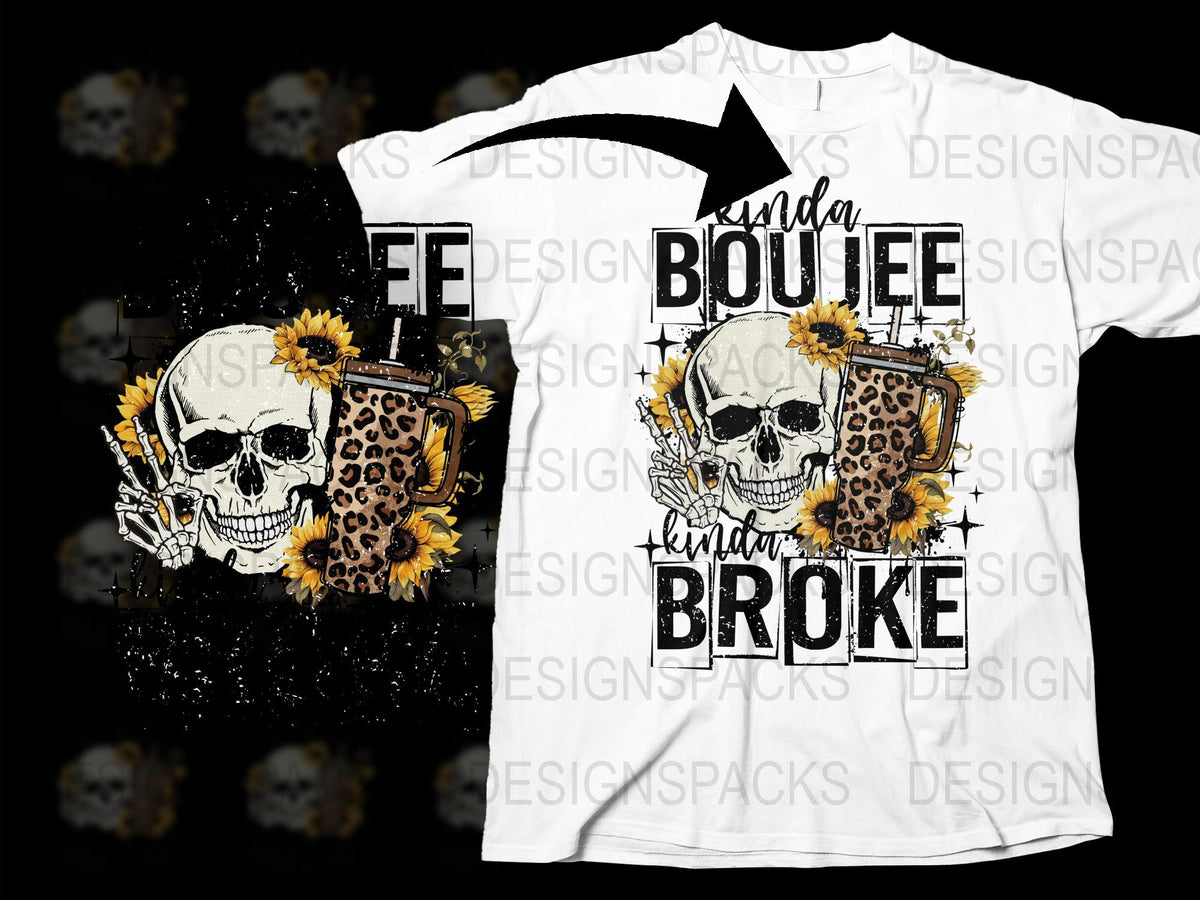 Trendy Skull and Sunflower Graphic T-Shirt, Casual Boujee and Broke Tee, Unique Floral Skull Design Shirt for All Seasons