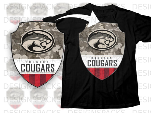 Houston Cougars shield logo with camouflage and red stripe pattern on black shirt.