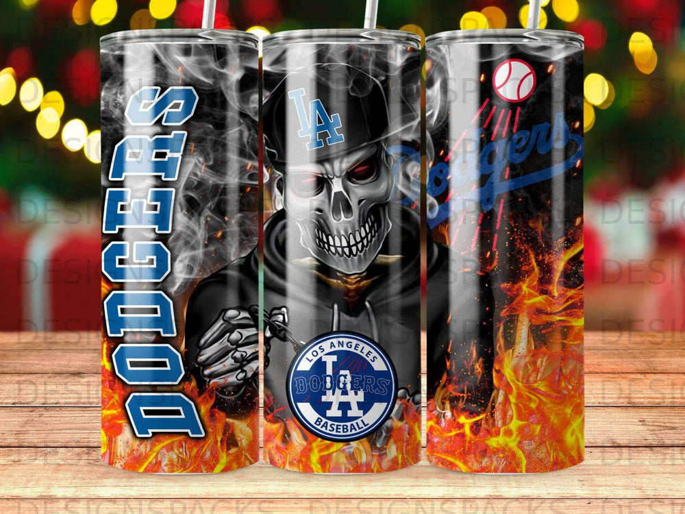Dodgers baseball tumbler with skull and flames design.