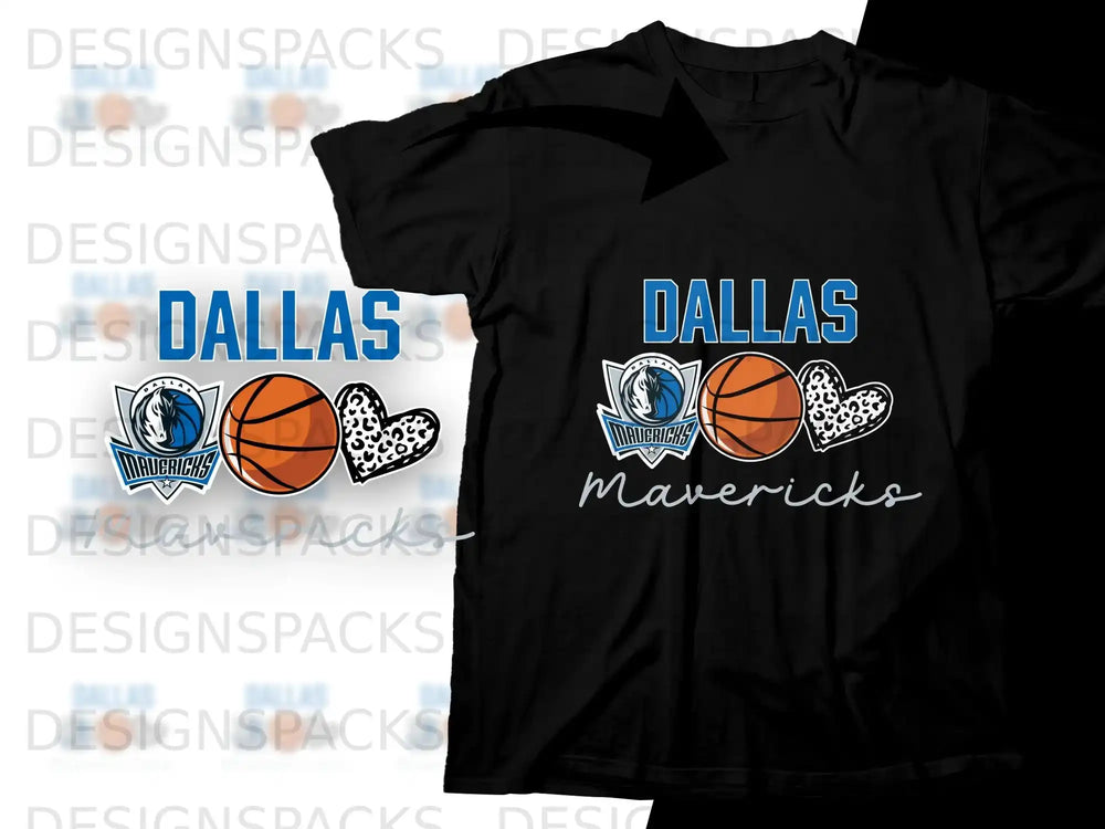 Black t-shirt with Dallas Mavericks logo, basketballs, and hearts.
