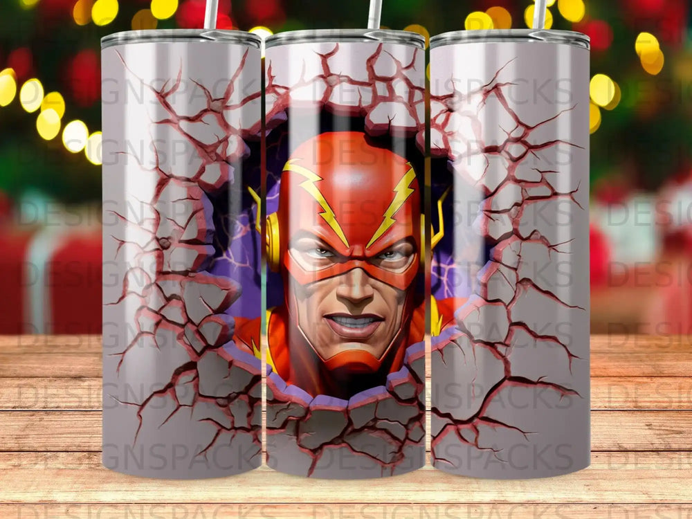 The Flash superhero bursts through a cracked wall, eyes glowing yellow.