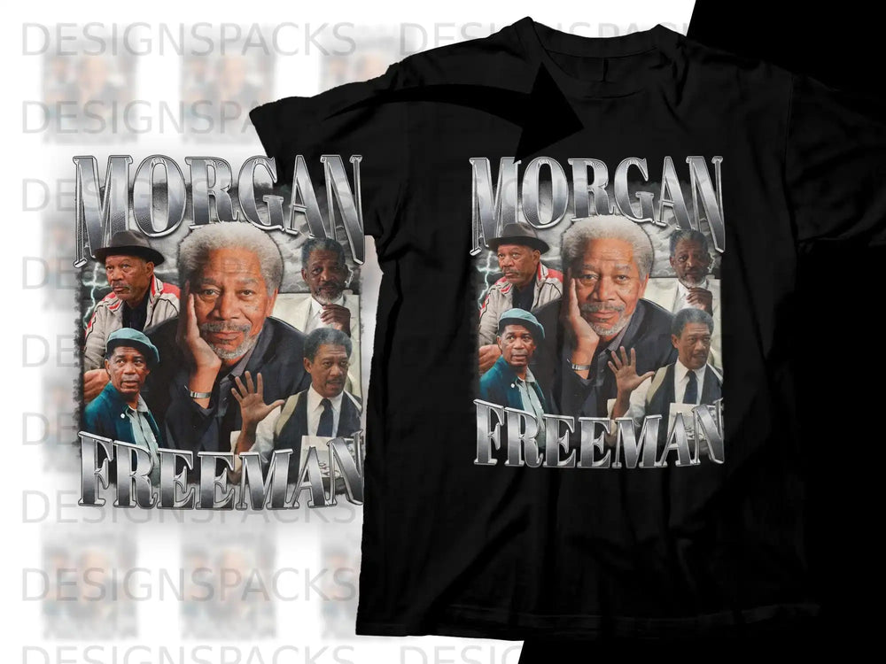 Collage of Morgan Freeman portraits on a black t-shirt.