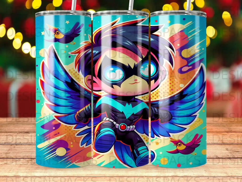 Chibi character with wings and mask on teal background.
