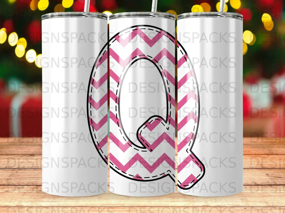 Two tumblers with a pink and white chevron pattern and the letter "Q".
