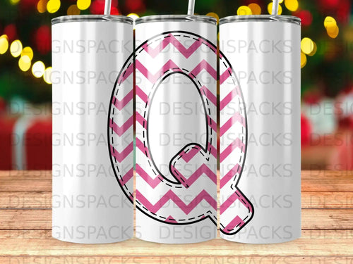 Two tumblers with a pink and white chevron pattern and the letter 