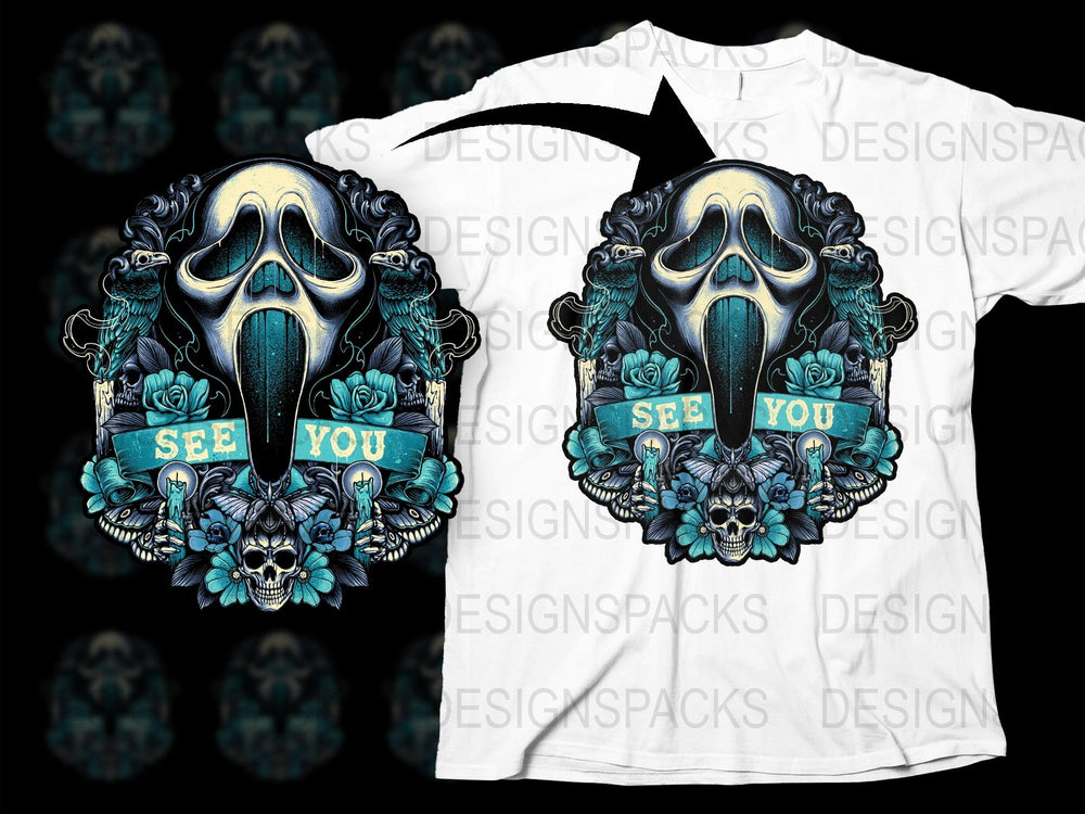 Gothic Skull T-Shirt with Blue Roses, 'See You' Text, Unisex Graphic Tee, Dark Fantasy Apparel