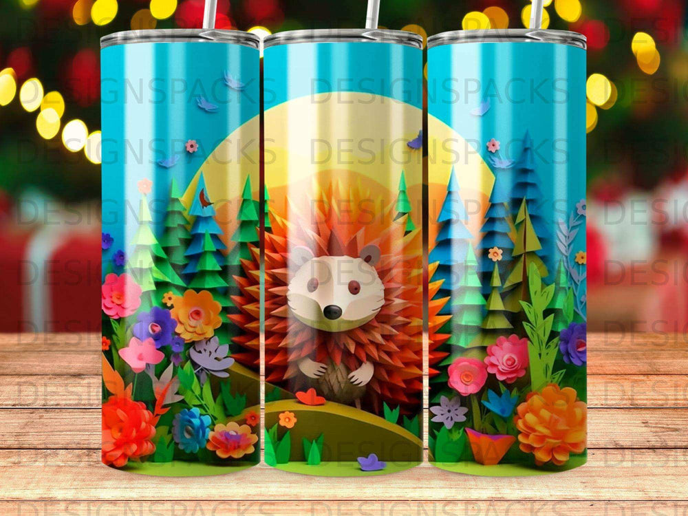 Hedgehog in forest with flowers and sun, watercolor illustration.