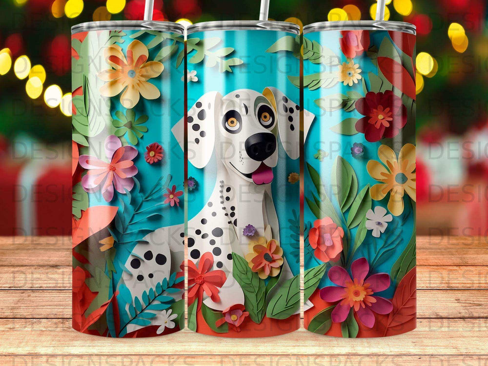 Dalmatian dog surrounded by colorful flowers and foliage on a striped background.