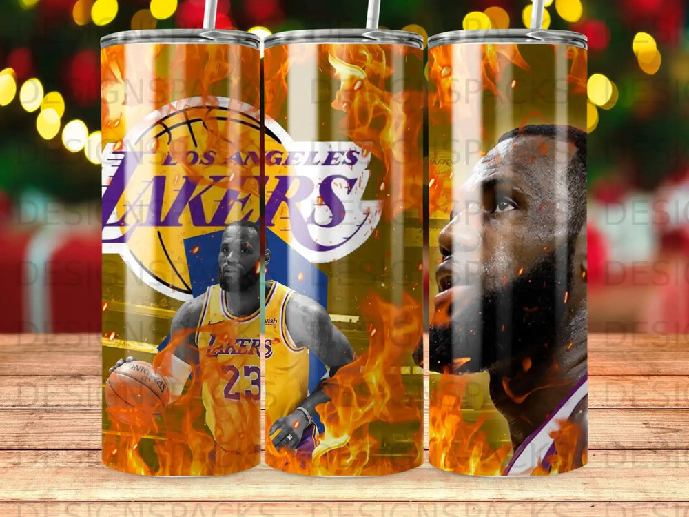 LeBron James and Los Angeles Lakers logo with flames on a tumbler.