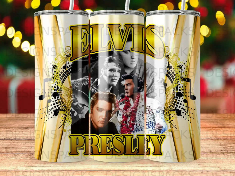 Elvis Presley collage with music notes and concert imagery.