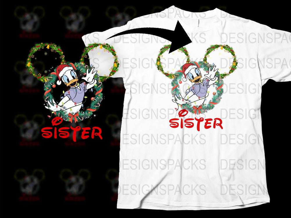 Christmas T-Shirt with Donald Duck, Festive Holiday Shirt for Sisters, Family Matching Outfits