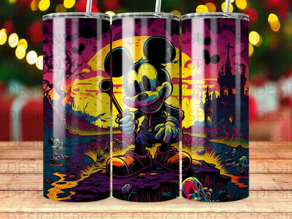 Mickey Mouse character holding a staff, with a spooky castle and moon in the background.