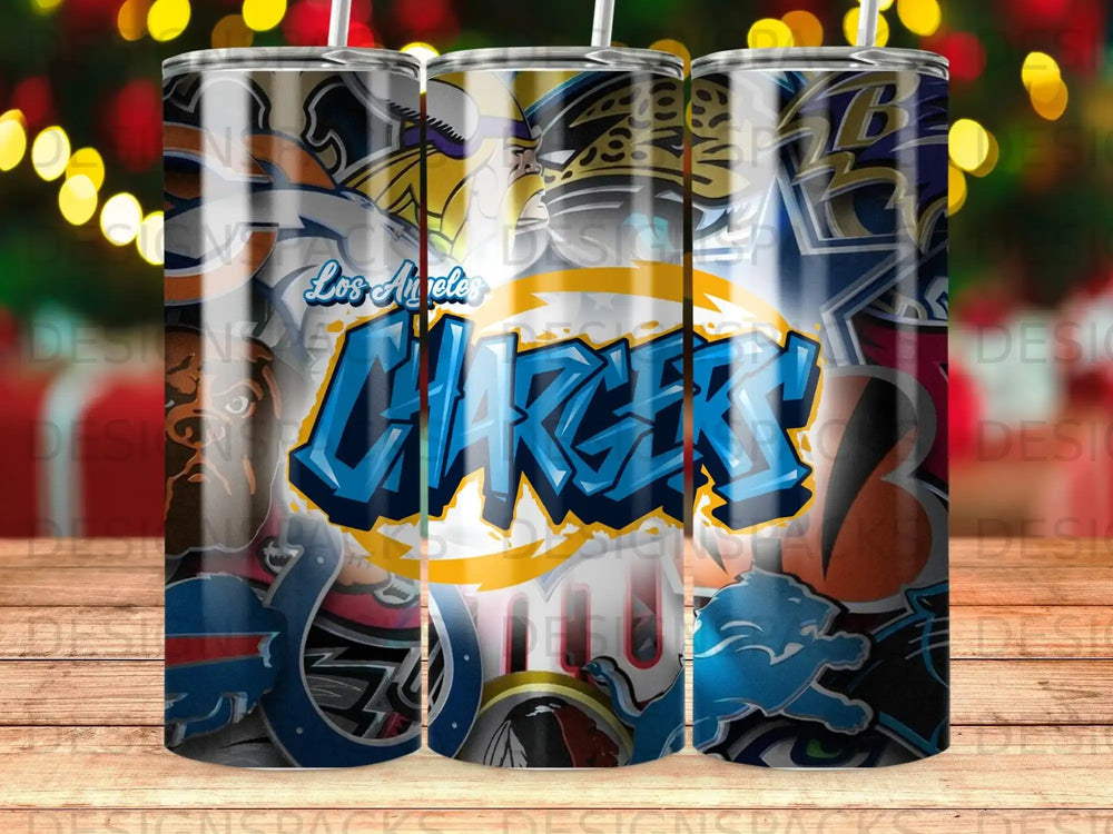 Los Angeles Chargers graffiti logo on a tumbler with team logos.